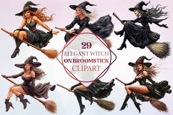 Download Elegant Witch on Broomstick Clipart - Art Collection