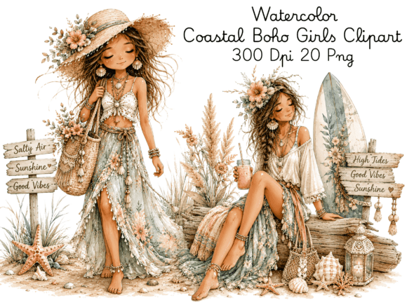 Download Watercolor Coastal Boho Girls Clipart Bu - Art Collection