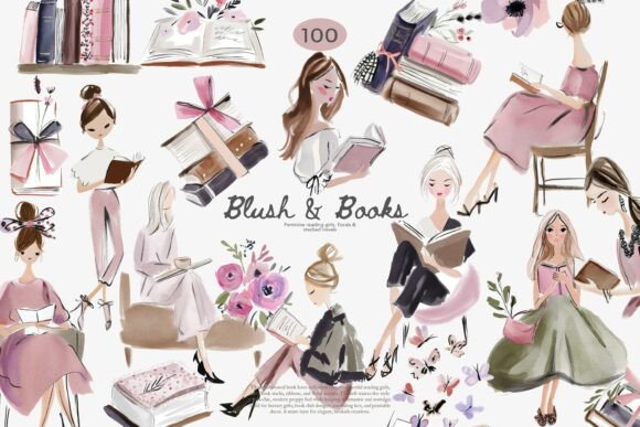 Download Blush Book Lover Clipart Bundle - Art Collection