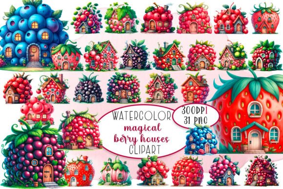 Download Summer Magical Berry Houses, Watercolor - Magical Collection